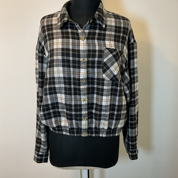 Neon Soul Tops - 16. Neon Soul Plaid Button Down Long Sleeve Black and White Top Size XL